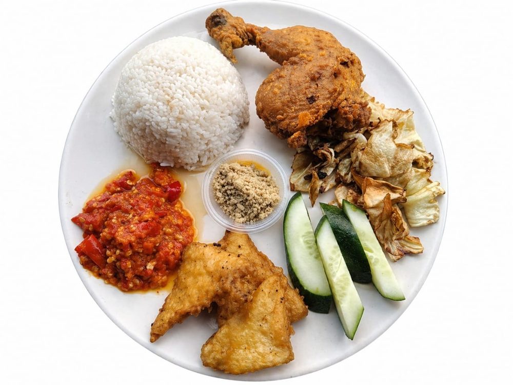 Nasi Ayam Gepuk with crispy chicken and sambal